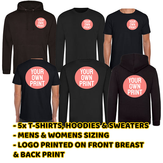 5x Black T-Shirt, Sweater and Hoodie with Front Pocket and Back Print Deal - Front and Back Print