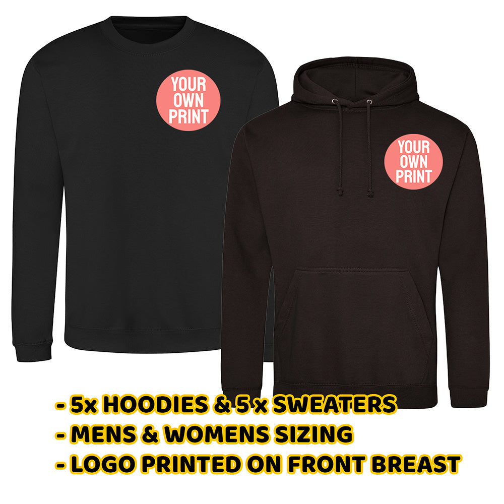 5x Black Sweaters & 5x Black Hoodies with Front Pocket Print Deal - Front Print