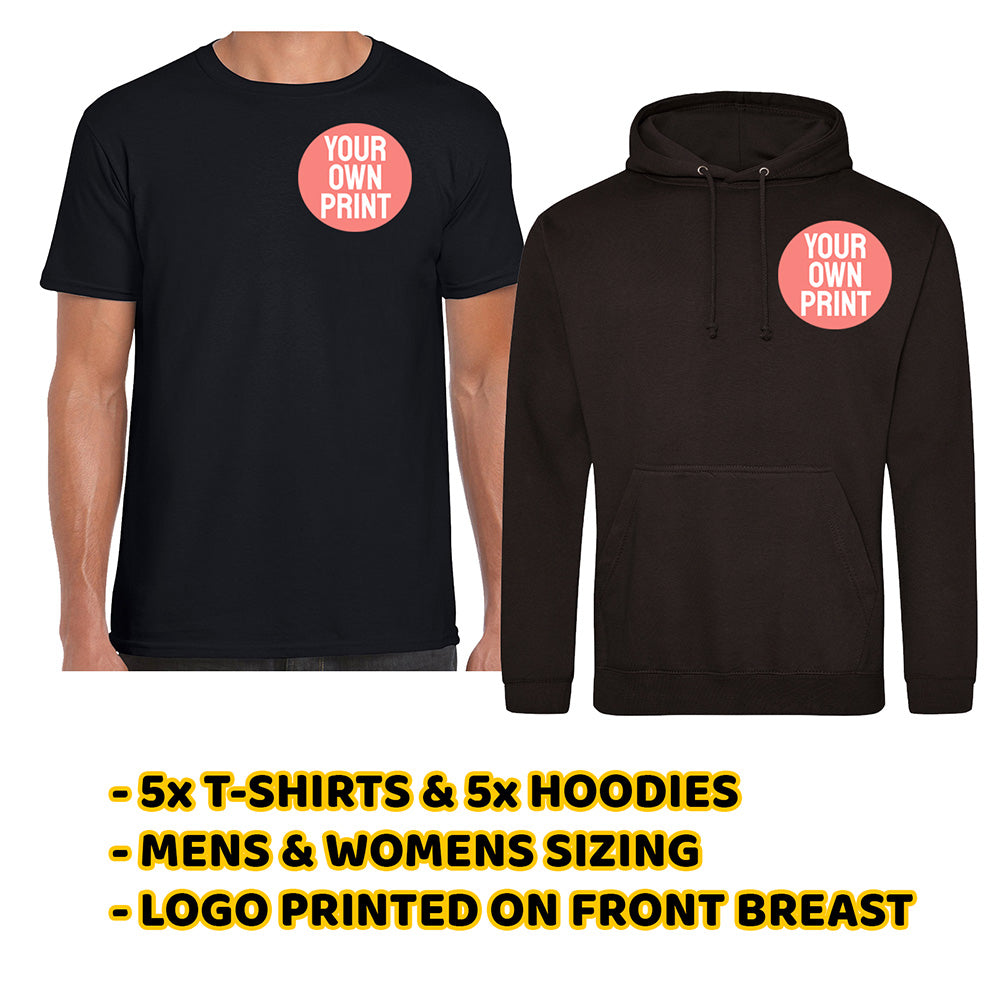 5x Black T-Shirt & 5x Black Hoodie with Front Pocket Print Deal - Front Print