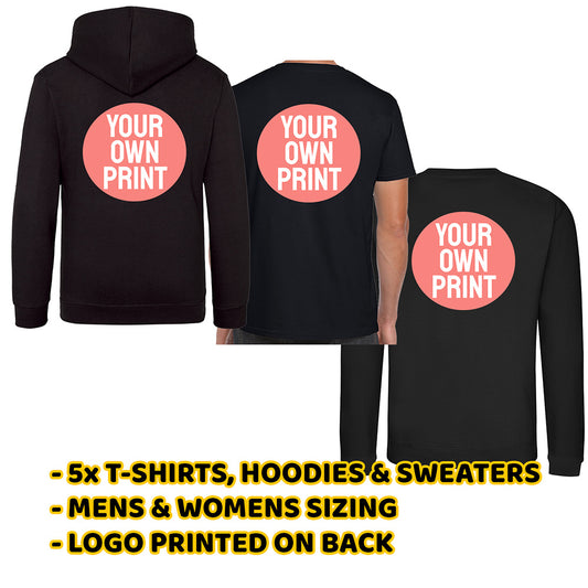 5x Black T-Shirts, Black Sweaters & Black Hoodies with Back Print Deal - Back Print