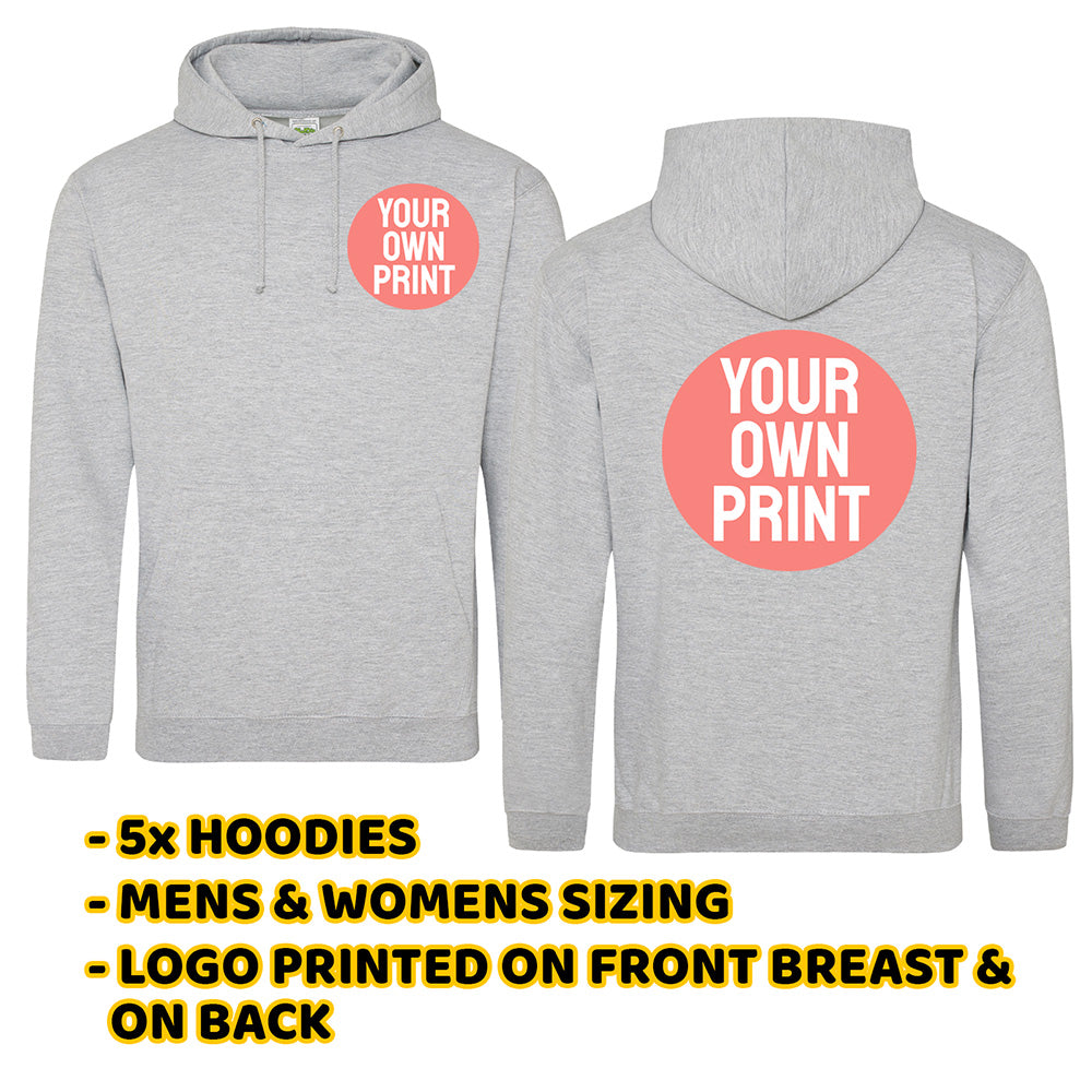 5 X Grey Hoodies with Front Pocket and Back Print Deal - Front and Back Print