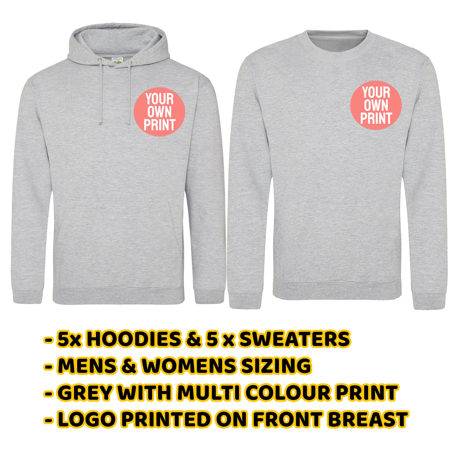 5x Grey Hoodies & Sweaters - Front Print