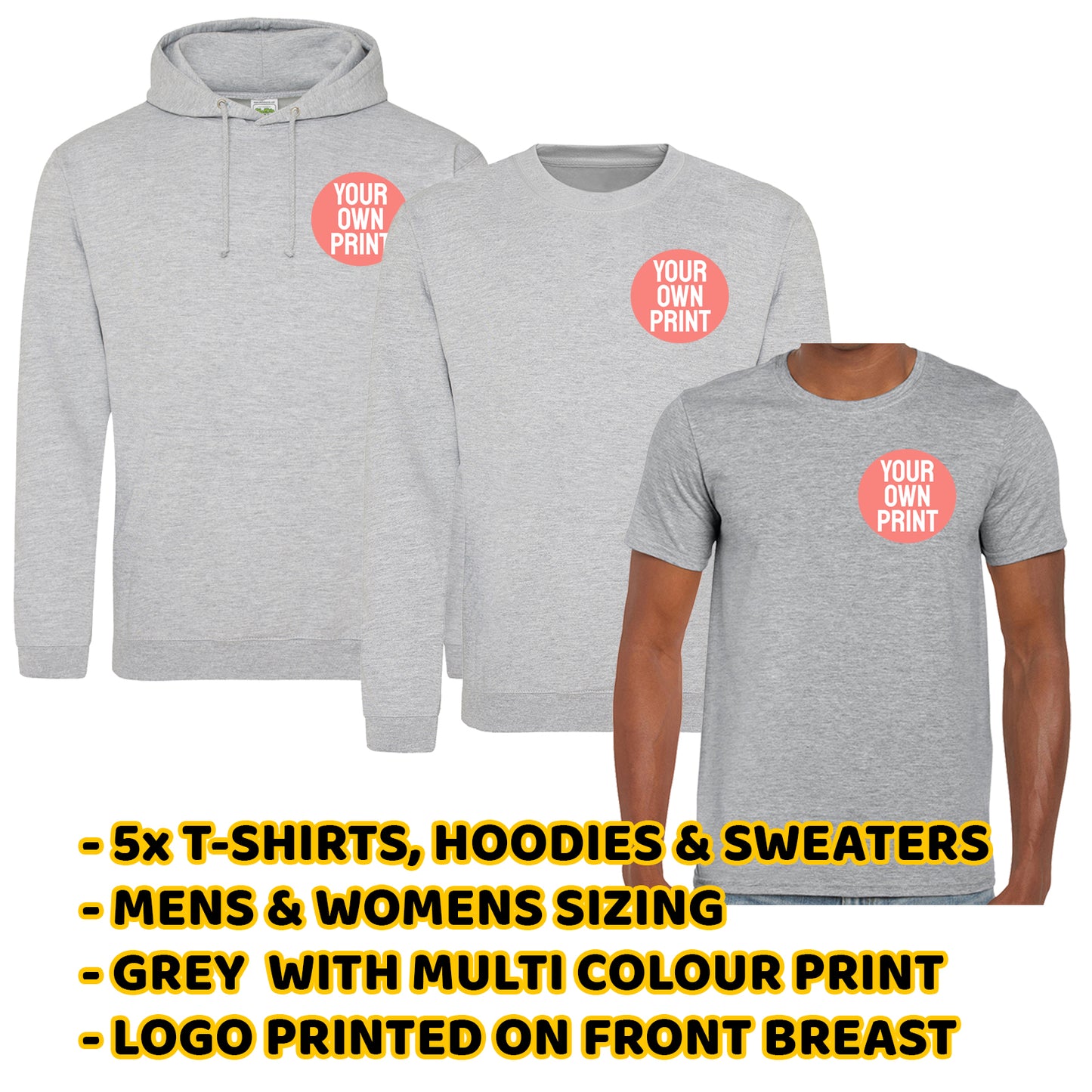 5x Grey T-shirts, Hoodies & Sweaters - Front Print